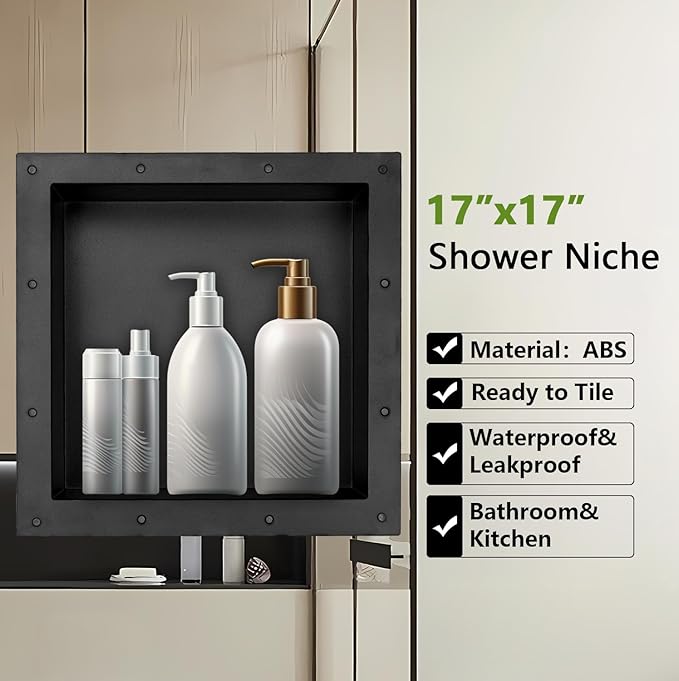 Uni-Green Ready Tile Shower Niche Shelf 17"x17"（Inside 14"x14"） With Texture - Single Shelf Shower Shelf Insert for Bathroom Niche Storage, Water and Leak Proof Wall Niche Insert