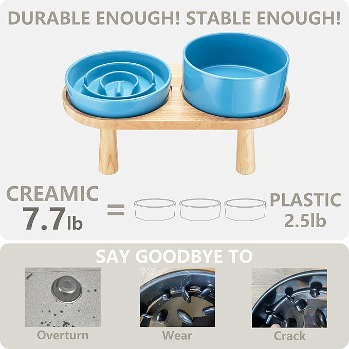 Ceramic Slow Feeder and Water Bowl Set for Medium and Large Dogs, 8.0 Inches Ceramic Dog Bowls Elevated with Wooden Stand, 2.0 Cups Dog Slow Feeder(30oz) and 70oz Water Bowl Set, Blue