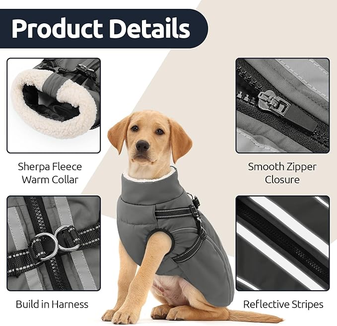 Dog Winter Coat with Harness Built in Warm Puffer Dog Jackets for Small Medium Large Dogs Windproof Waterproof Outfit with Plush Lining and Reflective Stripes (Grey, 3XL)