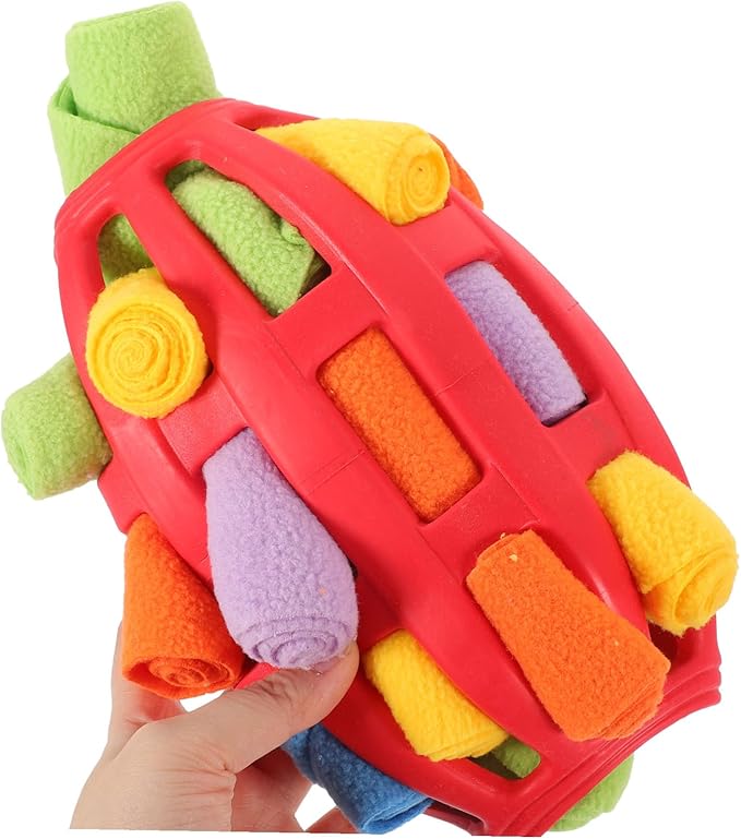 Interactive Snuffle Ball Dog for Treat Dispensing and Training Chew-Resistant Enrichment Puzzle for Mental Stimulation Red Rugby Shape Easy to Clean for Boredom Relief and Habit