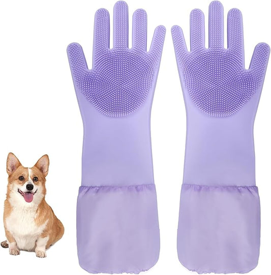 Dog Washing Gloves & Hair Remover for Cats and Dogs,Dog Bath Gloves with Extended Length,Comfortable Dog Bath Gloves for Gentle Bathing Efficient, Multifunctional Silicone Pet Gloves(Purple