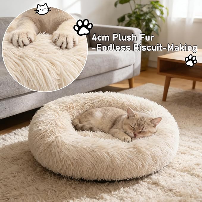 Calming Donut Dog Beds for Small Dogs Cats - Washable Removable Cover Non-Slip Bottom, Round Pet Bed Puppy Bed Warming Fluffy Faux Fur Anti-Anxiety, Fits up to 25 lbs (Beige, 23")