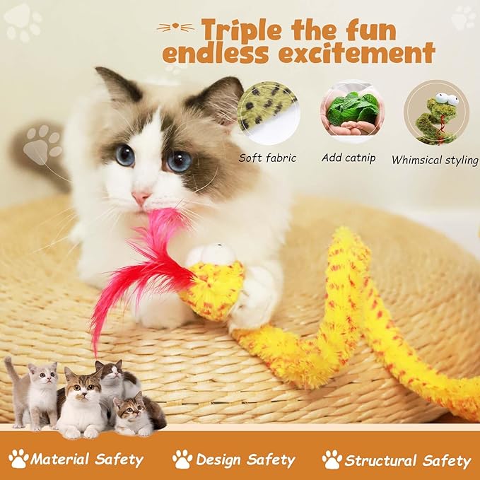 Cat Toy Indoor Cat: Cat Springs Snake Toy with Catnip - Interactive Toy with Rattling Stones & Rustling Sounds, Quirky Shapes for All Breeds to Play Alone (Yellow)