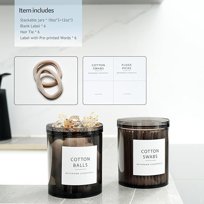 SheeChung 6-Pack Black Stackable Apothecary Jars - (10oz & 12oz) Mixed Sizes Qtip Holder - Modern Industrial Bathroom Accessories Decor with Storage Lids - Translucent Black