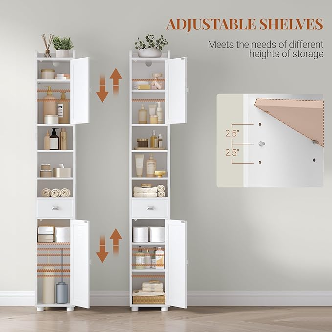 Bathroom Storage Cabinet, Tall Bathroom Cabinet, Freestanding Floor Cabinets with 2 Doors and 1 Drawer, Toilets Organizer with Adjustable Shelf, 1 Hook for Living Room, Kitchen, White 480013X