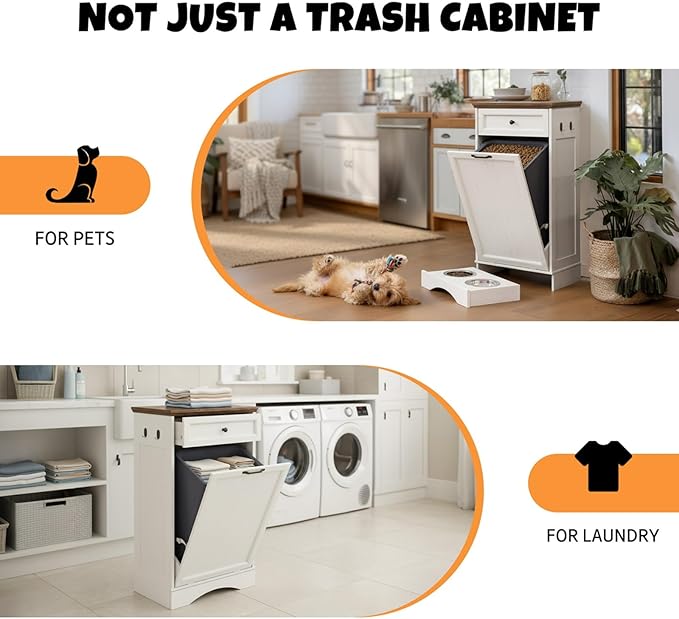 Tilt Out Trash Can Cabinet with Dog Bowl, 13 Gallons Dog Food Storage Cabinet, Hidden Trash Can Cabinet with Hideaway Drawer for Kitchen, Living Room (White, Single Door)