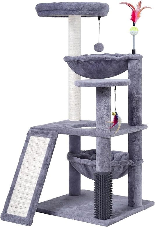 Multi-Level Cat Tree for Indoor Cats, Cat Tree Tower with Big Cat Hammock and Self-Grooming Brush, Cat Tower with Scratch Ladder, Indoor Climbing Activity Tower with Scratching Posts, Grey