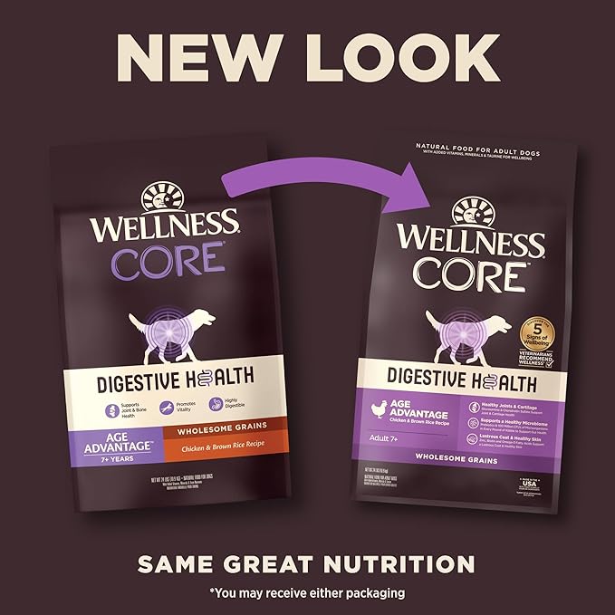 Wellness CORE Digestive Health Senior Dry Dog Food, Wholesome Grains, Natural, Recipe for Dogs with Sensitive Stomachs, Age Advantage Chicken & Brown Rice, (24-Pound Bag)