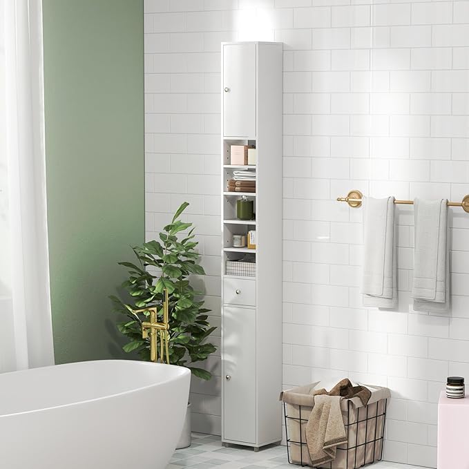 GOFLAME 71” Tall Bathroom Storage Cabinet, Narrow Freestanding Organizer with 1 Drawer, 2 Doors & 5 Open Shelves, Slim Bathroom Cabinet for Small Space, 8" x 8" x 71", White