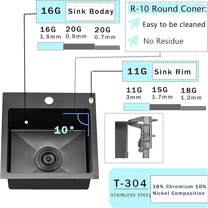 Black Bar Sink Drop in, 15 x 17 Inch Topmount RV Small Kitchen Sink, Handmade Stainless Steel Wet Bar Sink, Outdoor Single Bowl Prep Sink with Dish Grid & Drain