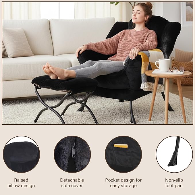 Welnow Lazy Chair with Ottoman, Modern Lounge Accent Chair with Armrests and a Side Pocket, Leisure Sofa Armchair, Reading Armchair with Footrest for Small Space, Plush Black