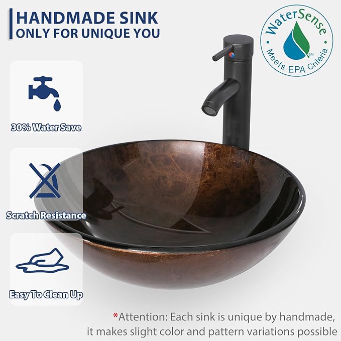 eclife 24" Modern Bathroom Vanity Sink Combo Freestanding Cabinet with Soft Closing Door, Brown Round Glass Vessel Sink, Water Save Faucet, Drain (Black+A09)