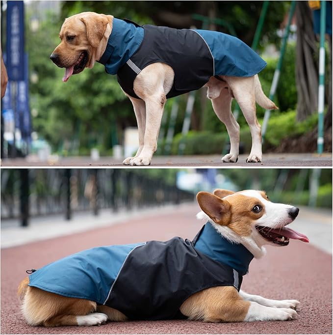 Windproof Dog Winter Jackets - Outdoor Coats for Cold Weather, Waterproof Raincoats with Leash Hole, Black, Blue L