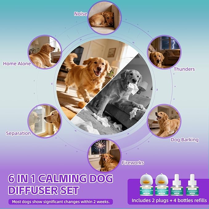 Dog Calming Pheromones Diffuser, 6 in 1 Kit Appeasing Pheromone Diffuser to Calm Dogs, with 2 Plug in Diffuser+4 Refill 48ml, Reduce Aggression Fighting Scratching Barking Stress, 120 Days Supply