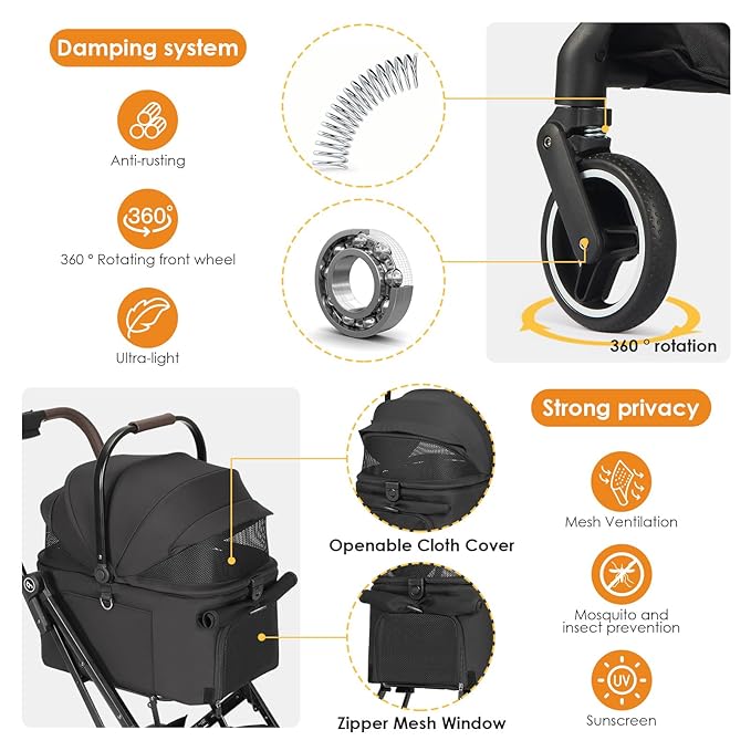 X2 Pet Stroller, Dog Cat Stroller for Small Pets, Equipped with Detachable & One-Click Folding Carrier, Waterproof Pad & Sunshade Canopy,Black