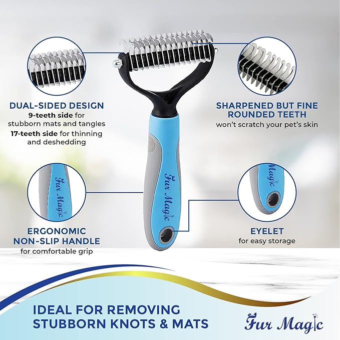 Fur Magic Medium Deshedding Tool & Dematting Comb – Grooming Brushes for Dogs, Cats, Horses – Reduce Shedding and Remove Knots, Mats and Loose Undercoat