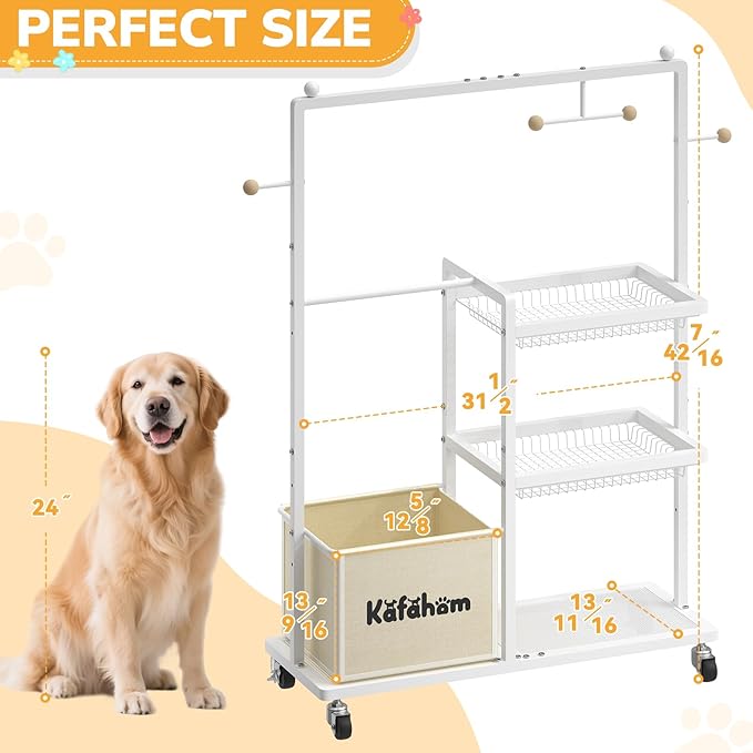 KAFAHOM Dog Toy Basket, Basket For Dog Toys Living Room, The Stuff For Dogs, Cat Toy Box, Dog Toy Bin, Toy Chest Storage, All-in-One Pet Supplies Organizer with Leash Hanging Rail and Locking Casters