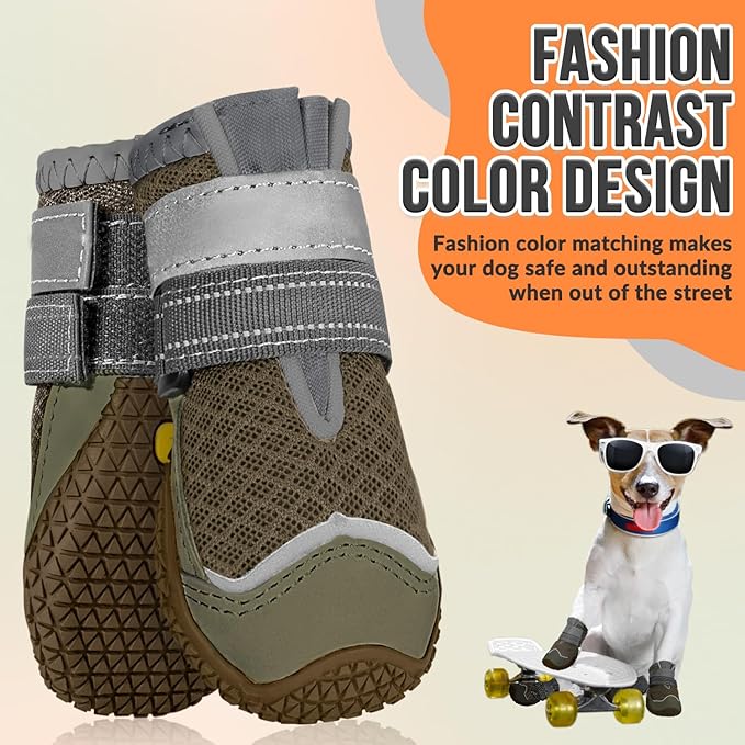 SlowTon Dog Shoes for Large Small Medium Dogs - Breathable Dog Boots for Summer Hot Pavement, Paw Protector for Outdoor Walking Winter Snow, Anti-Slip Rubber Dog Booties for Hardwood Floor (Brown, 5)