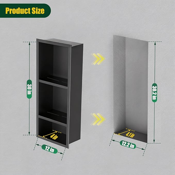 EasyVibe 3-Tier Matte Black 304 Stainless Steel Shower Niche 30 x 12 Inch, No Tile Needed Triple Shelf Recessed Wall Organizer, Pre-Finished Large Storage Insert for Shower & Kitchen