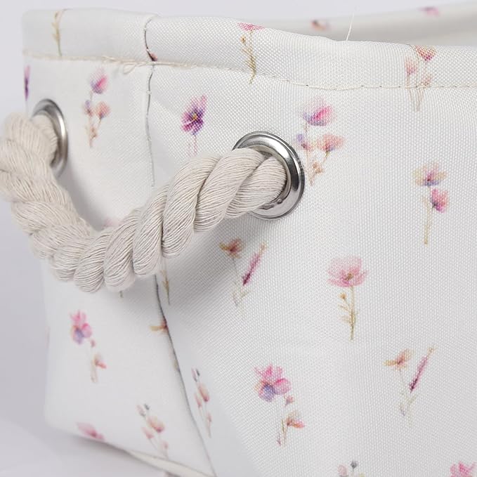 3PC Floral Narrow Storage Bins 15x6x5 inch Pink Flower Small Basket for Closet,Cabinet,Countertop Organizing Small Items Fabric Organizer with Handles, Toilet Paper Storage (Pink flower)