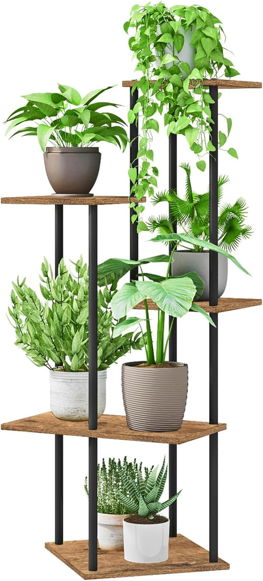 Plant Stand Indoor 5-Tier Metal Wood Plant Shelf for Multiple Flower Pots Corner Tall Flower Holders for Living Room Balcony Bedroom, Brown