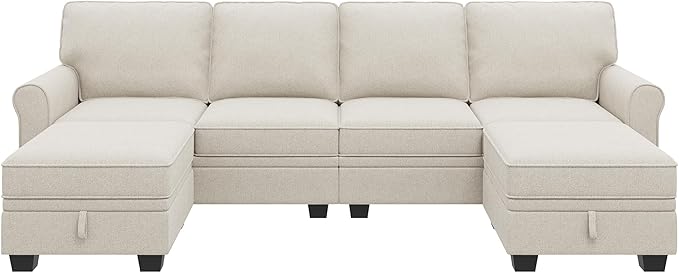 HONBAY Convertible Sectional Sofa with Storage U Shaped Sectional Couch with Reversible Chaise Small Sectional Couches for Living Room,Beige