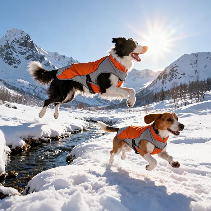 Warm Dog Cold Weather Coats - Waterproof Dog Winter Clothes with Reflective Straps, Adjustable Buckle & Leash Hole for Poodle, Dachshund,Border Terrier, Yorkshire Terrier，Orange & Gray XL