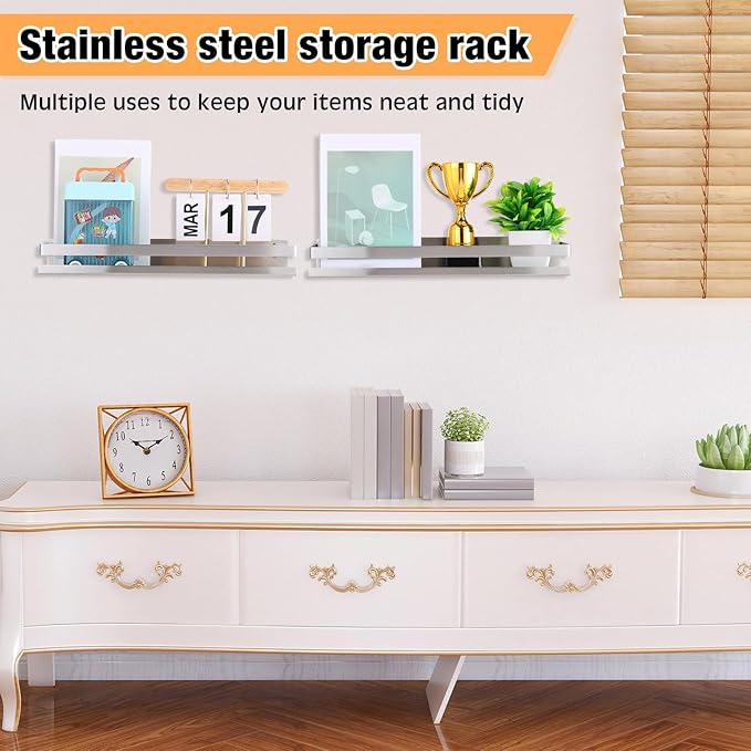 Lallisa 4 Pieces Stainless Steel Shelf Bathroom Shower Floating Shelves Wall Mounted Shower Caddy Basket Shelf Storage Organizer Shelves for Bathroom, Kitchen, Living Room, Silver, 15.75 Inch