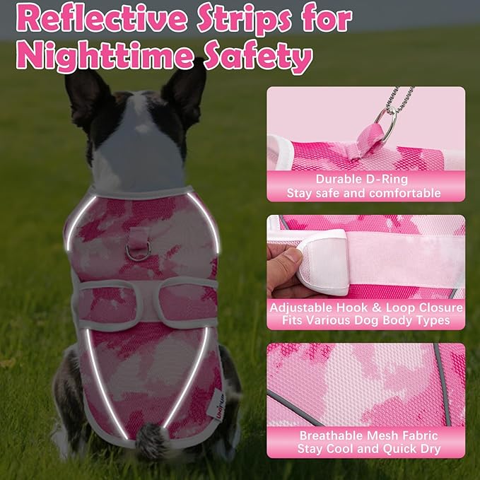 Dog Cooling Vest – Lightweight Pet Cooling Shirt 3D Breathable Mesh, Reflective Strips & UV Protection for Walking, Hiking, Park – Adjustable Fit Dog Cooler Jacket with D-Ring U-DCV01S