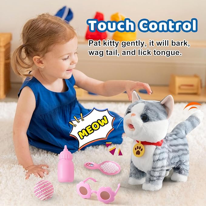 Gray Walking Cat Set Interactive Toy Cat for Girl Repeat What You Say Toy Kitten Talking Singing Dancing Touch Control Robot for Kid with Leash Wagging Tail Nodding Plush Electric Kitty