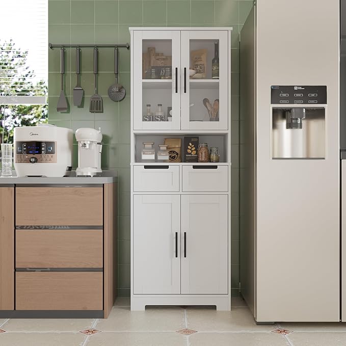 Karl home Tall Bathroom Storage Cabinet, 67" Linen Cabinets for Laundry, Bathroom Cabinet with 2 Drawers, 2 Acrylic Doors & Adjustable Shelves, Freestanding Kitchen Pantry, White