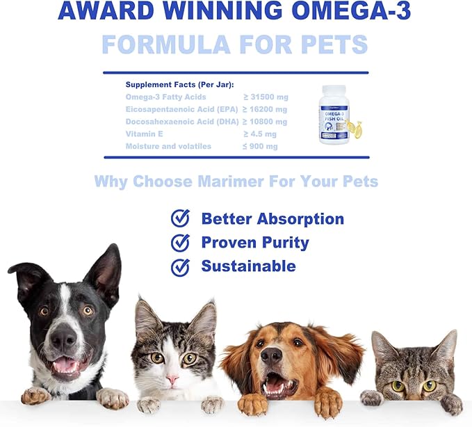 Snip Tips Omega-3 Fish Oil for Cats for Dogs – EPA & DHA with Vitamin E – Liquid Soft Gels You Can Snip & Pour – Supports Heart, Skin, Coat, Joint & Immune Health – 180 Softgels