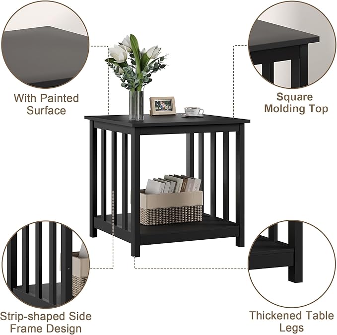 Treocho End Tables Living Room Set of 2, 24 Inch Square Side Table with 2-Tier Storage Shelf, Modern Nightstand for Living Room, Bedroom, Office, Black
