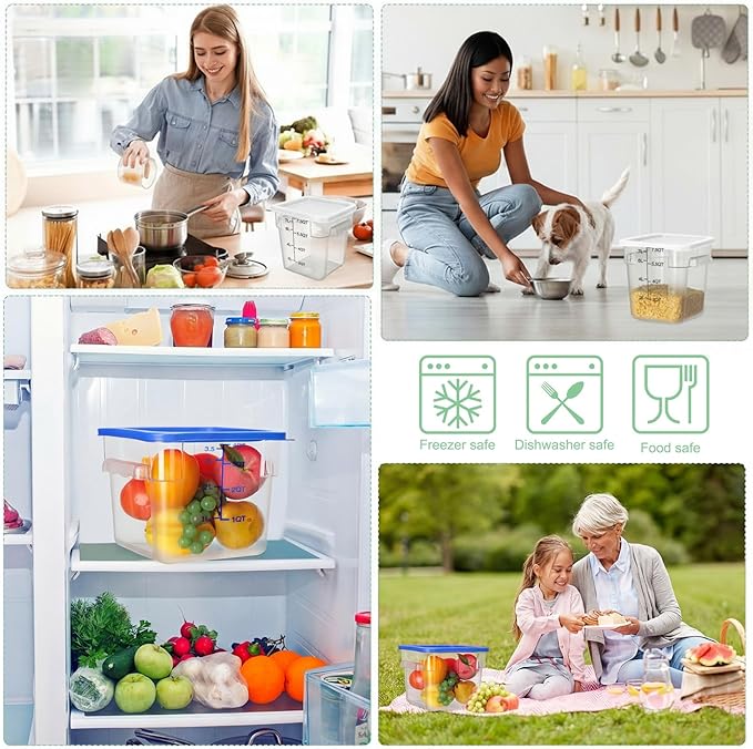 Lallisa 4 Pcs 8qt & 4qt Clear Food Storage Containers with Lids Handles and Scales, Stackable Plastic Square Food Storage Containers for Dough Proofing Baking Kitchen Restaurant(White, Blue)