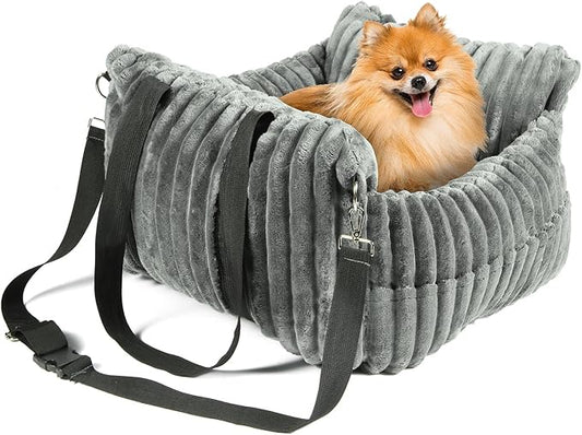 Dog Car Booster Seat, for Small Dogs Under 30 lbs, Detachable Washable Travel Bed with Storage Pockets and Safety Belt (Grey, Medium)