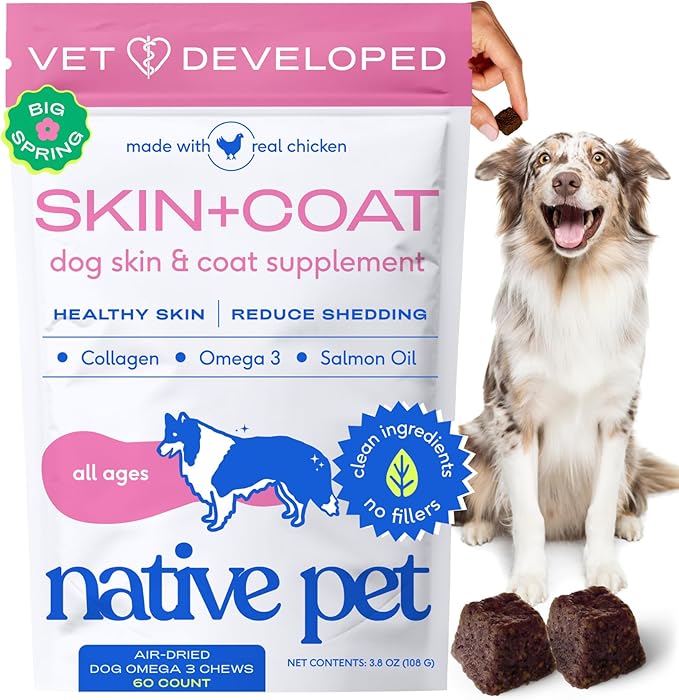 Native Pet Skin & Coat Chews - Omega 3 Fish Oil for Dogs Skin & Coat Supplement - Itch Relief, Shiny Fur & Shedding Support - Collagen, Hyaluronic Acid, Biotin, Probiotics & Salmon Oil - 60 Chews