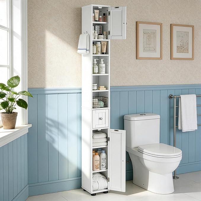 Karl home White Narrow Floor Storage Cabinet, Freestanding Storage Unit with 1 Drawers & 2 Doors, Thin Toilet Organizer for Small Spaces，for Entryway, Bathroom