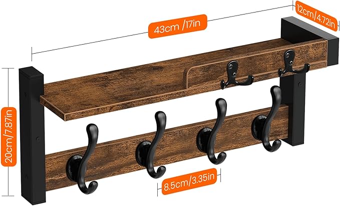 Homode Wall Mounted Coat Rack, Wood Floating Shelf with Key Holder and Mail Organizer, Entryway Wall Shelf with Hooks, Coat Hanger for Hanging Hat Towel Clothes Purse Backpack, Rustic Brown