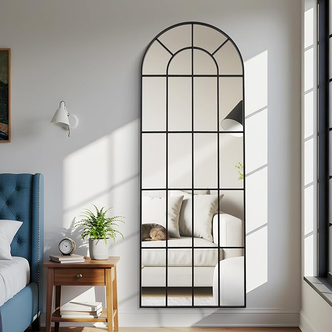 Arched Windowpane Mirror Full Length 65"x24" Wall Mounted Black Art Pane Farmhouse Decorative Floor Mirror Leaning Hanging Wall Mirror for Bedroom Living Room Entrance