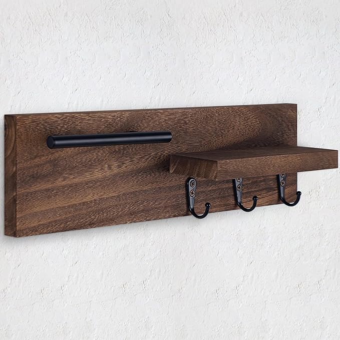 Key Holder for Wall, Decorative Entryway Shelf with Hooks Holds Keys, Dog Leash, Sunglasses – Key Hanger with 3 Hooks Organizes, Enhances Home Decor (15” x 4.5” x 2.6”) (Brown)