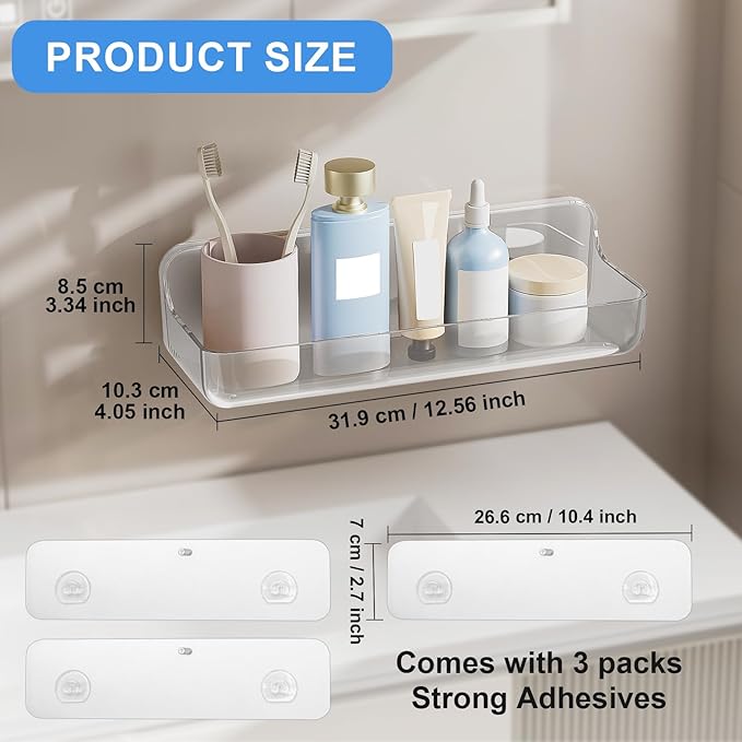 Diesisa 2pc Acrylic Wall Mount Organizer - Adhesive Shelf - Wall Organizers - No Drilling - Bathroom Shelves - Stick Wall Shelf with 3packs Self Adhesive Tapes, for Bathroom, Kitchen-Clear