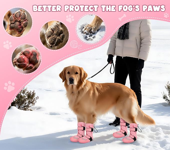 Dog Shoes, Waterproof Dog Boots & Paw Protectors, Breathable Dog Booties with Anti Slip Sole for Winter Snowy Day, Rainy Weather Indoor and Outdoor (Size 4, Pink)