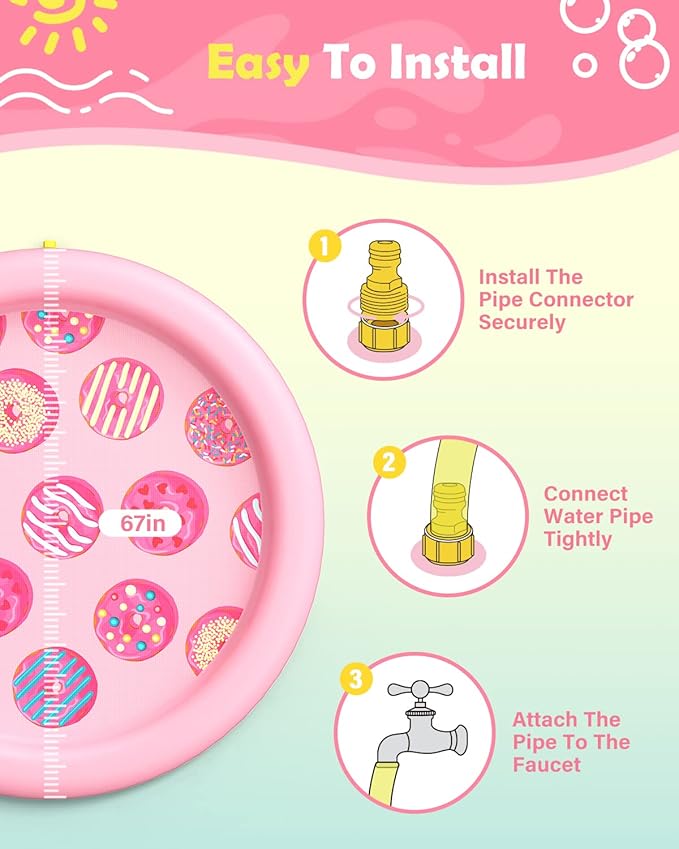 Peteast Anti-Slip Pink Donut Print Splash Pad for Kids and Dogs 0.58 mm Thicken Sprinkler Dog Pool for Summer Outdoor Water Toys - Fun Backyard Play Mat for Children and Pets (Pink 67in)