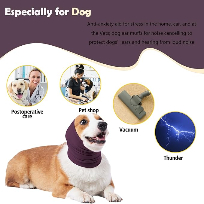 Dog Calming Hoodie Head Wrap,No Shake Anxiety Relief Quiet Thunder Vest for Dogs,Ear Protection Head Muffs for Grooming,Pet Covers for Fireworks,Vet Visits,Bathing,Purple,M