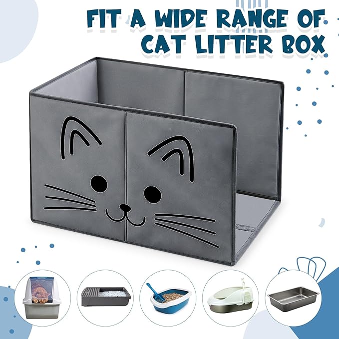 24"L×16.14"W×16.14"H Foldable Cat Litter Box Enclosure Splash Guard with Removable Mat, Cat-print Casing, Large High Sided for Litter Pan Water Resistant Easy Clean Anti-leakage Pee Shields