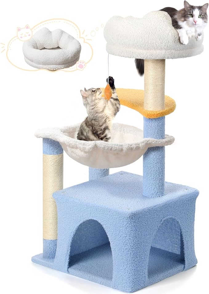 Cat Tree with Sisal Scratching Posts Cat Tower with Hammock Cute Cat Condo for Small Indoor Cats with Comfy Cat Bed and Perch