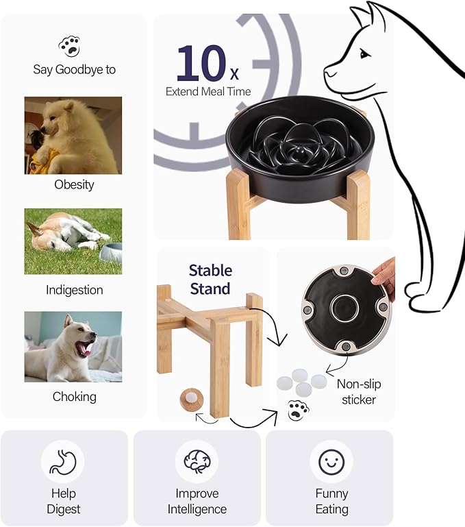 Black Ceramic Dog Bowl Slow Feeder for Medium and Large Breed,Elevated/Raised 1.5 Cup 8.26 in Slow Feeding Bowl,Puzzle Dog Food Bowl for Fast Eater,Maze Dish for Fast Eater
