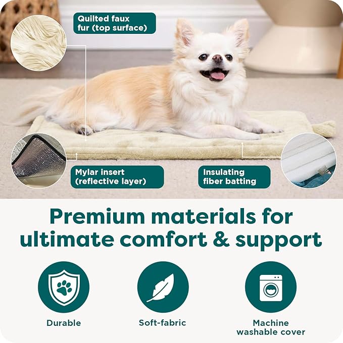 FurHaven ThermaNAP Self Warming Cat Mat/Dog Bed for Crates with Self-Warming Technology for Cozy Rest, Fully Machine Washable, Small, Plush Faux Fur, Cream