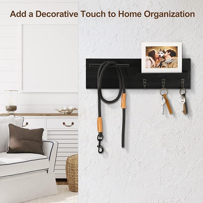 Key Holder for Wall, Decorative Entryway Shelf with Hooks Holds Keys, Dog Leash, Sunglasses – Key Hanger with 3 Hooks Organizes, Enhances Home Decor (15” x 4.5” x 2.6”) (Black)