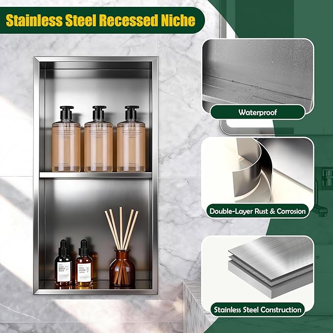 EasyVibe 304 Stainless Steel Shower Niche 24 x 12 Inch, No Tile Needed 2-Tier Recessed Bathroom Shelf Wall Insert, Waterproof Metal Bathroom Shelf Storage Organizer, Brushed Finish, Sliver